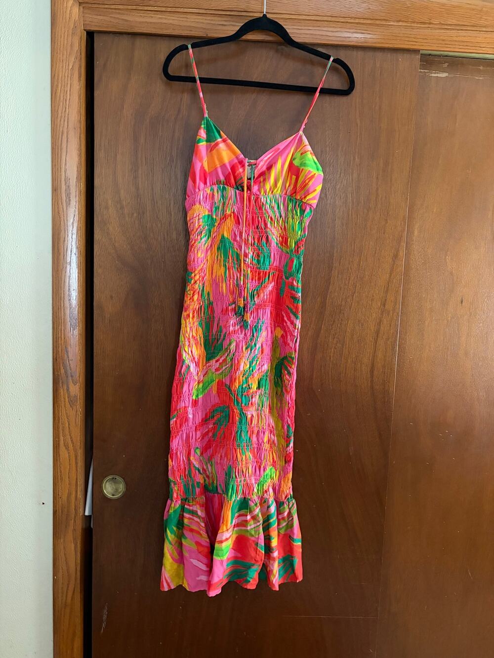 FARM Rio for Anthropologie XS Tropical Smocked Midi Dress Beaded Tassels
